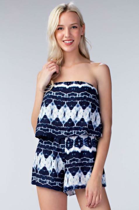 Navy Tie-Dye Strapless Romper