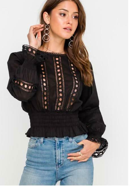 Clara Black Eyelet Lace Smocked Top -  BohoPink