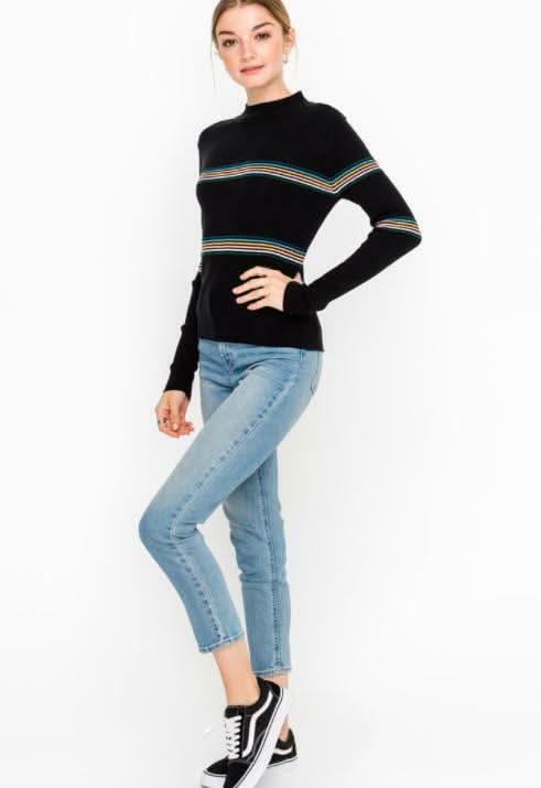 Black Striped Mock Neck Knit Top