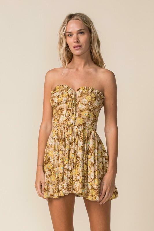 Yellow Floral Print Strapless Dress 