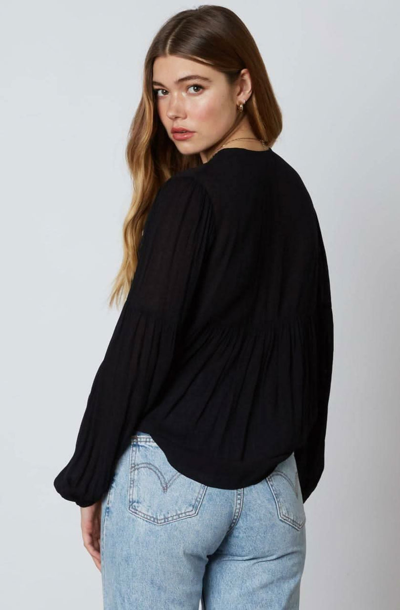 Gia Black Long Sleeve Tie-Front Crop Top -  BohoPink