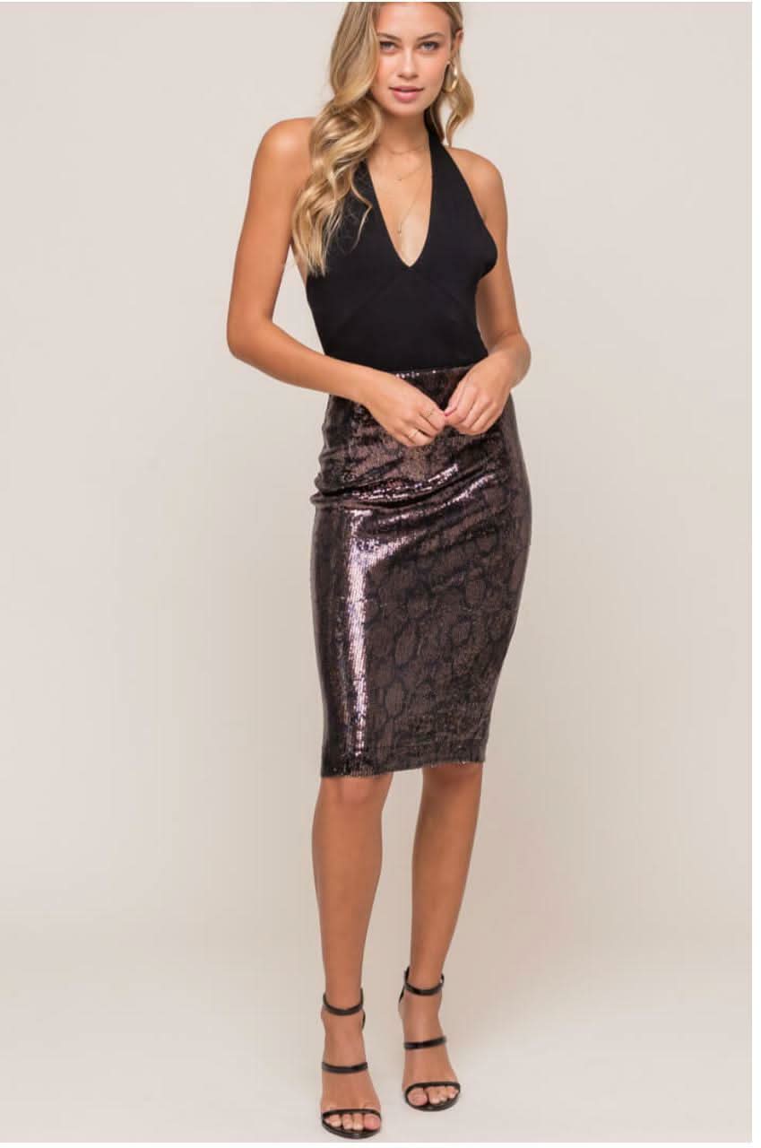 Snake Print Sequin Midi Skirt