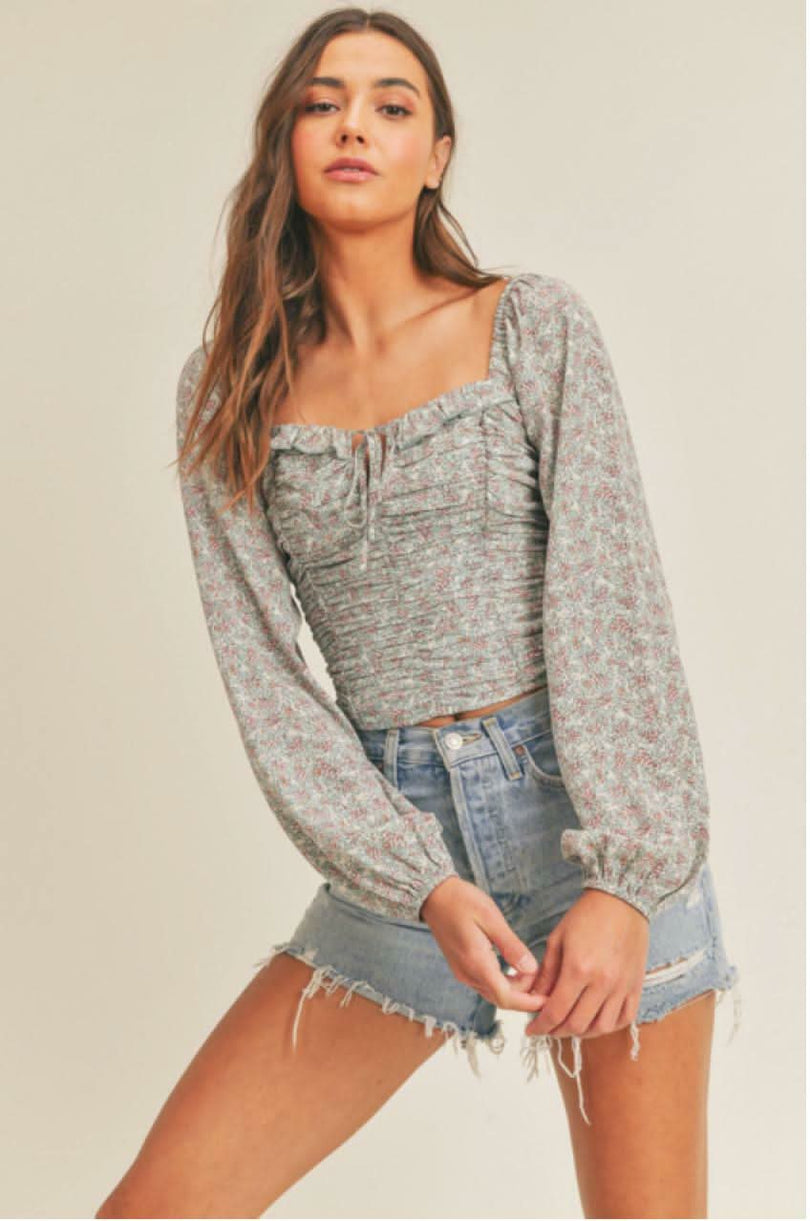 Blue Floral Long Sleeve Crop Top
