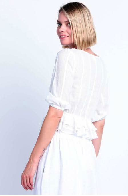 Champs-Élysées White Swiss Dot Ruffle Top  a boho top