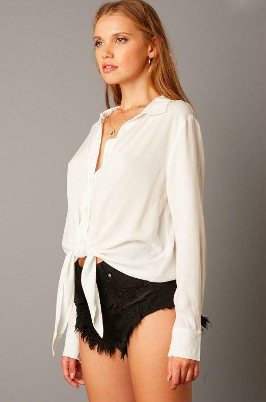 White Front-Tie Button-Up Long Sleeve Shirt