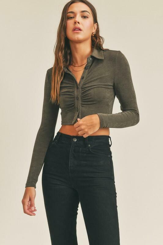 Olive Long Sleeve Button-Down Crop Top