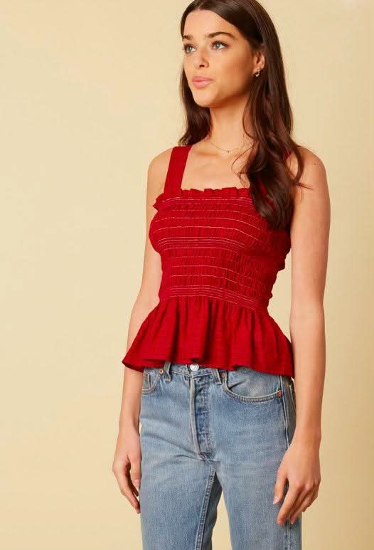 Red Smocked Ruffle Tank Top