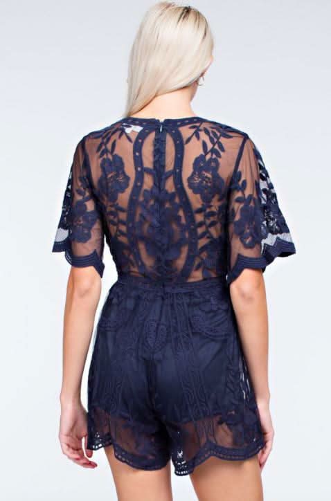 Endless Lace Navy Deep V Romper -  BohoPink