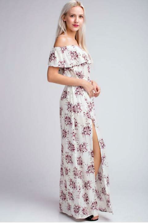 I Adore White Floral Print Off-the-Shoulder Maxi Dress -  BohoPink