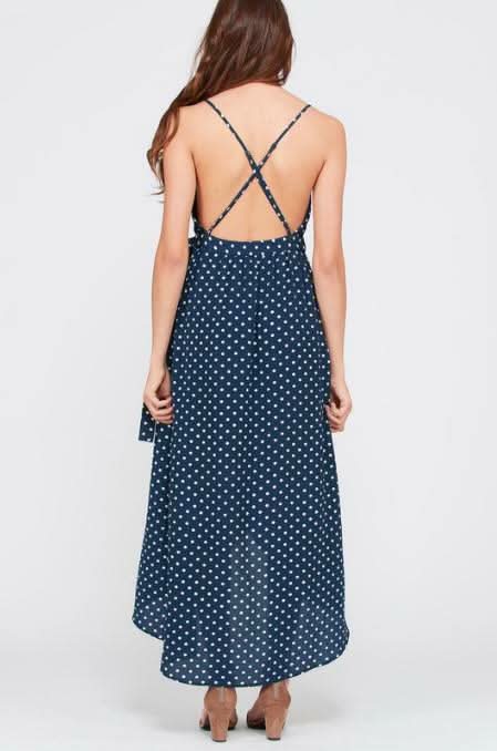 Dorothea Navy Blue Polka Dot Backless Maxi Dress -  BohoPink