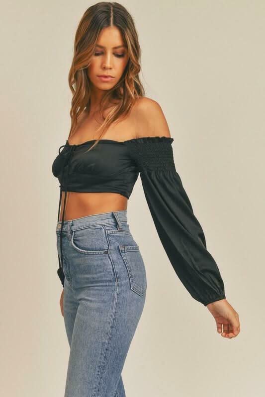 Black Off-Shoulder Satin Lace-Up Crop Top