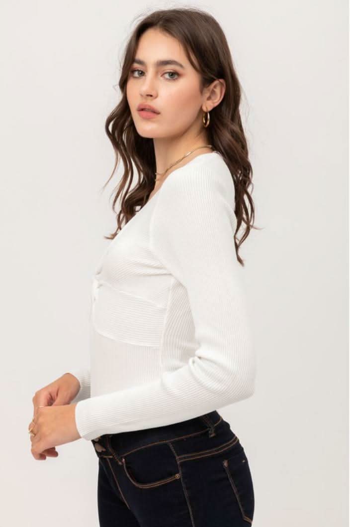 Kelli White Ribbed Long Sleeve Bodysuit -  BohoPink