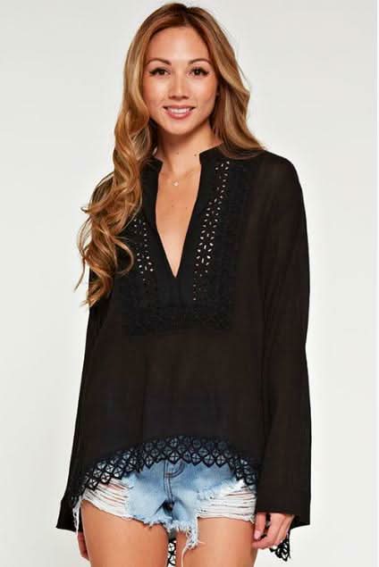 Black Mandarin Colar Bell Sleeve Blouse