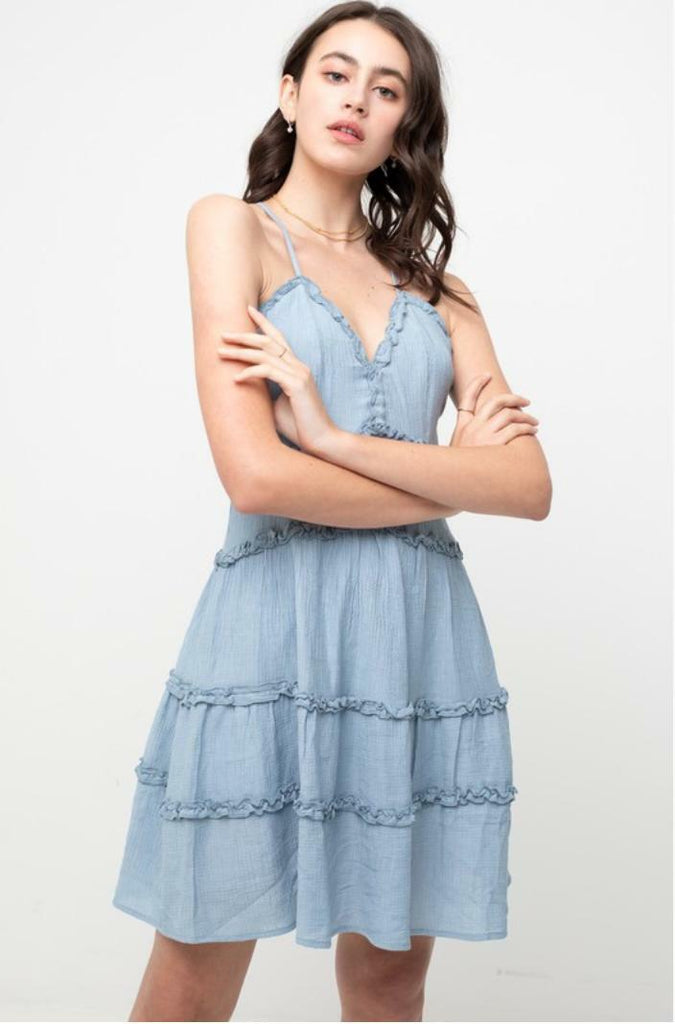 Gina Chambray Blue Ruffle Mini Dress -  BohoPink