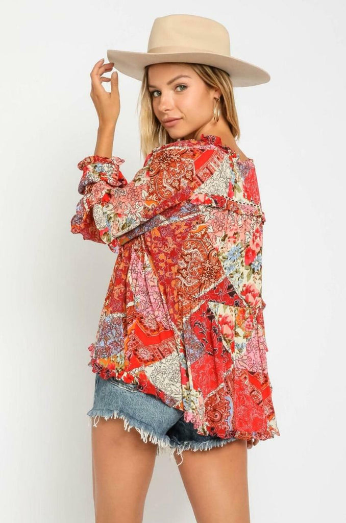 Red Patchwork Print Top