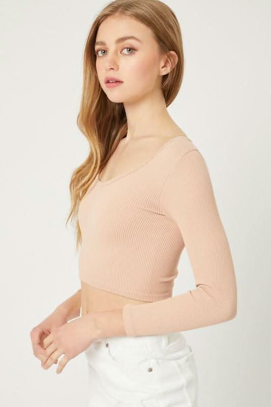 Buff Ribbed Three-Quarter Sleeve Crop Top