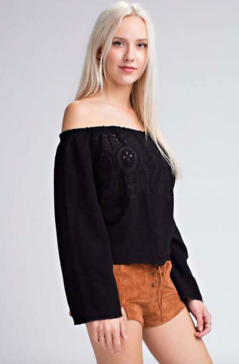 Evia Eyelet Off-the-Shoulder Bell Sleeve Top -  BohoPink