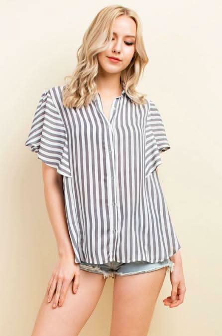 Black Striped Ruffle Sleeve Top