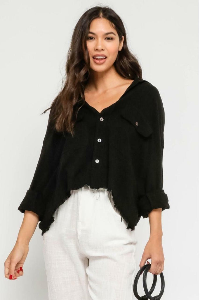 Black Frayed Button-Up Top\