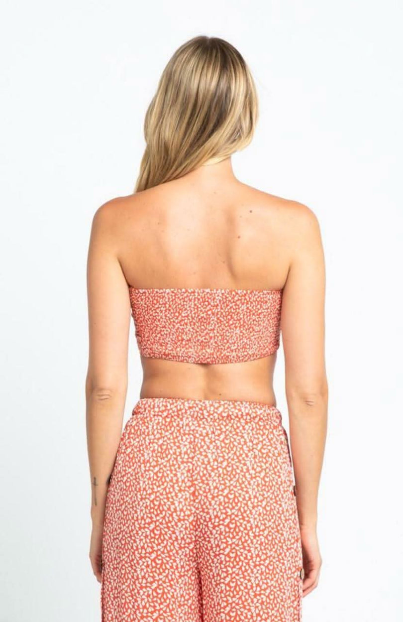 Isla Mujeres Red Orange Print Tie-Front Bandeau Flowy Strapless Top-  BohoPink