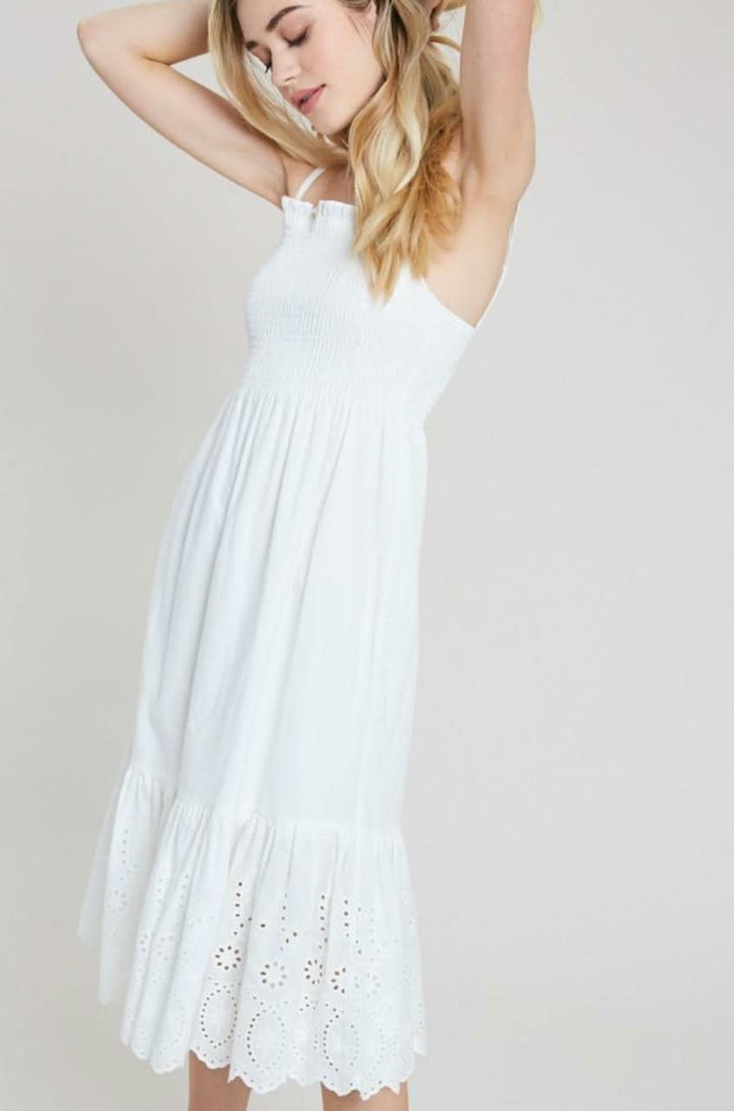 White Smocked Midi Dress