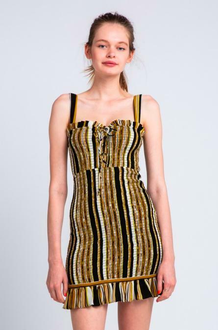 Ciao Bella Black and Gold Striped Smocked Mini Dress -  BohoPink