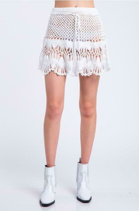 Golden Shores White Crochet Swim Cover-Up Mini Skir - Front View