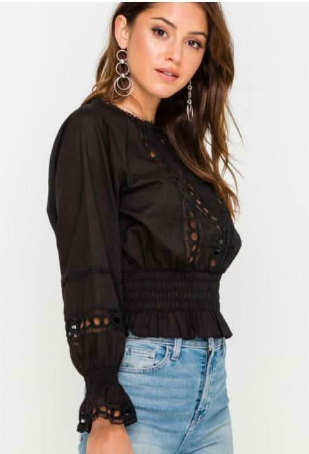 Clara Black Eyelet Lace Smocked Top -  BohoPink