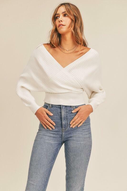 White Ribbed Surplice Cropped Sweater