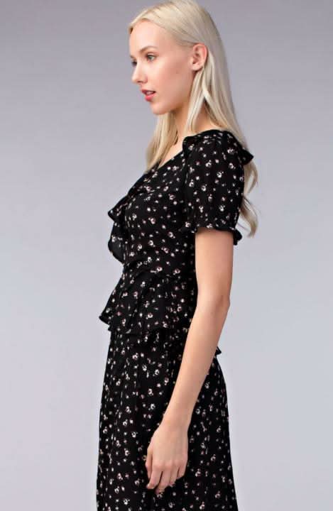 Black Floral Two-Piece Midi Dresses