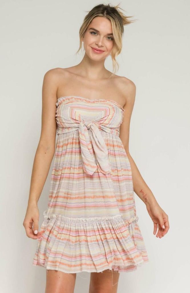 Canyon Sunset Blush Multi Stripe Strapless Mini Dress -  BohoPink