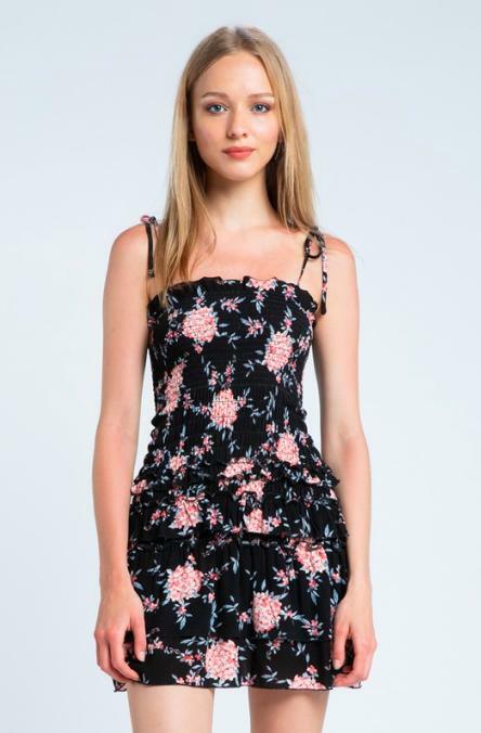Black and Pink Floral Ruffled Mini Dress