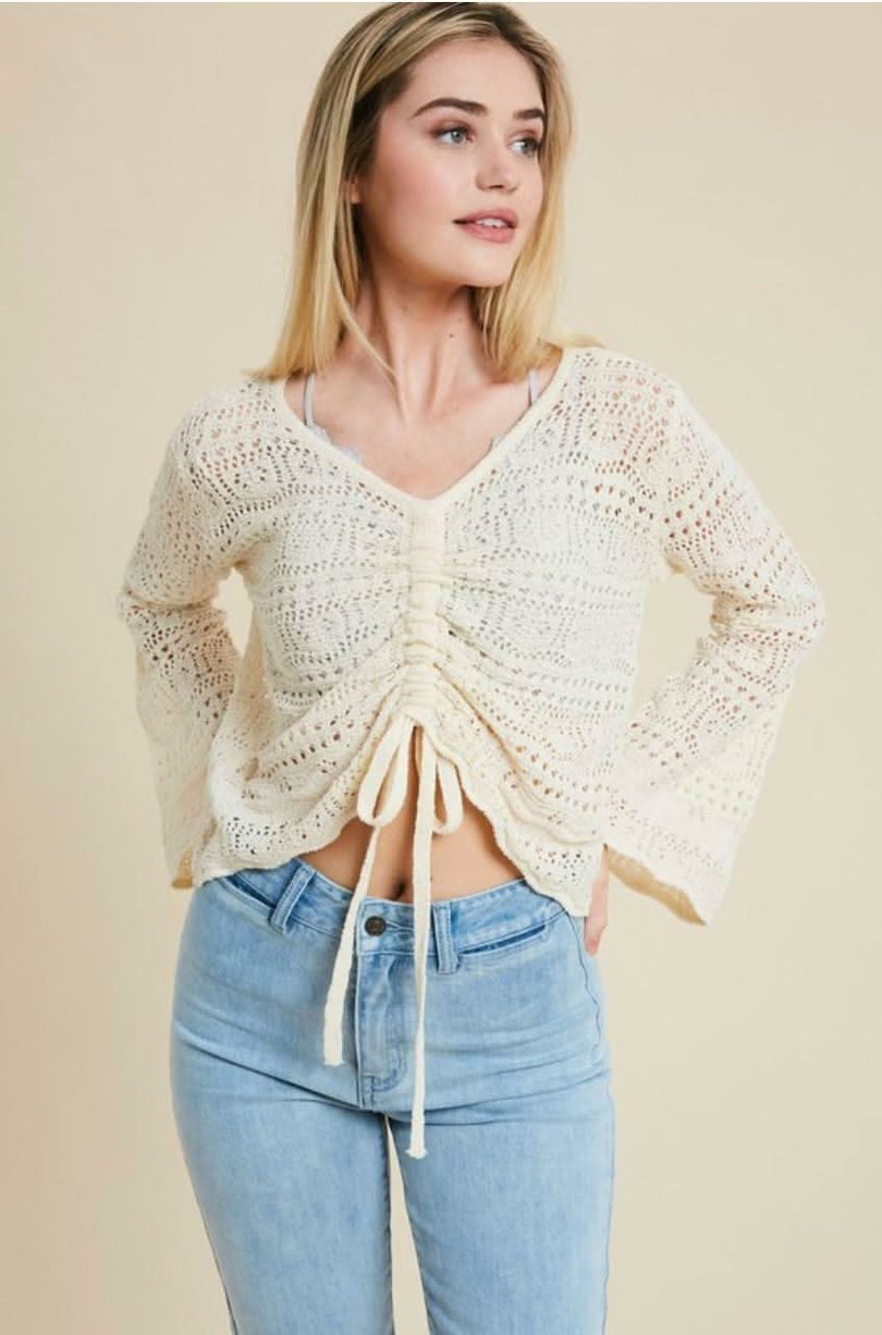 Cream Crochet Bell Sleeve Sweater