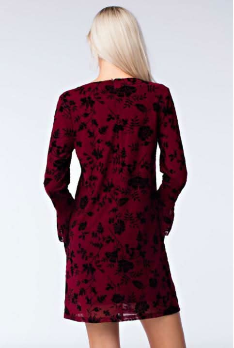 Burgundy Burnout Velvet Ruffle Dress