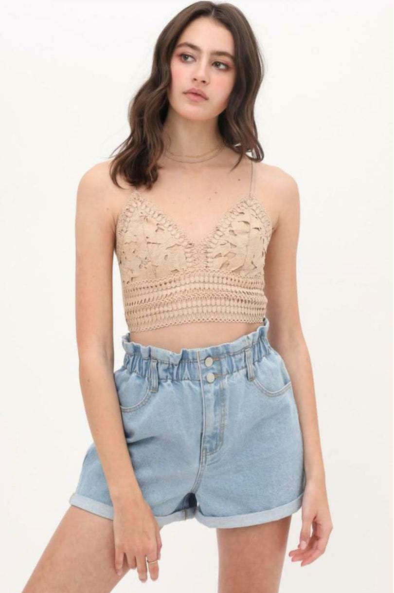 Becca Khaki Crochet Lace Crop Top -  BohoPink