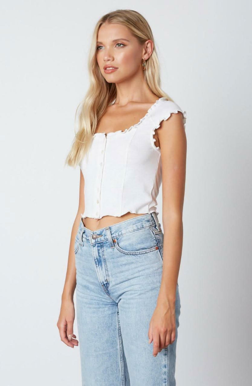 White Square Neck Button-Down Ruffle Crop Top