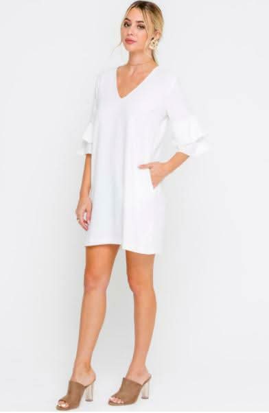 White Ruffle Sleeve Shift Dress