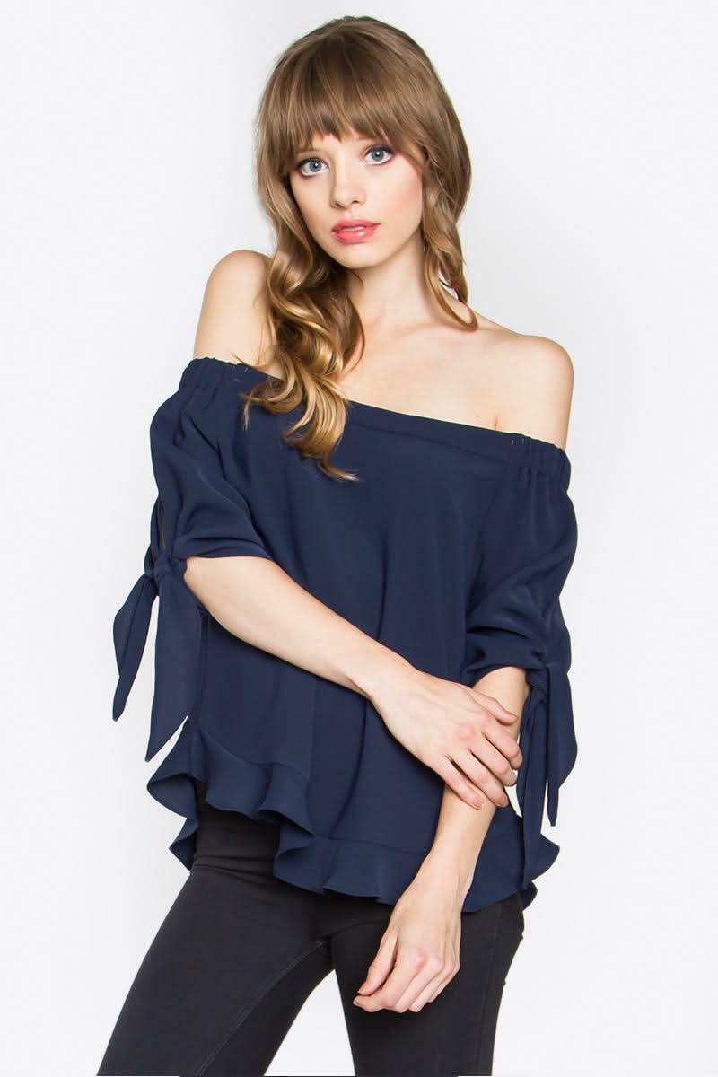 Navy Off--Shoulder Ruffle Top
