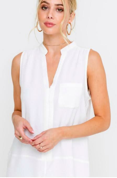White Sleeveless Notch Neck Shift Dress