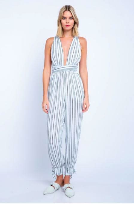 White Striped Plunge Wrap Jumpsuit -