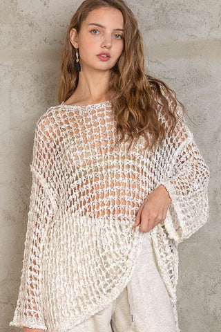 Lucky in Love White Oversized Crochet Sweater - Front View