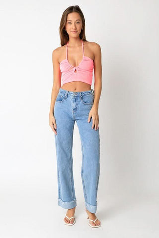 Gemma Pink Slinky Halter Crop Top styled with jeans and kitten heels