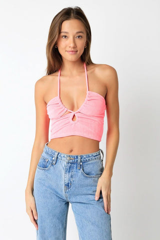 Gemma Pink Slinky Halter Crop Top - Front View