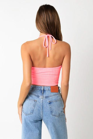 Gemma Pink Slinky Halter Crop Top - Back View
