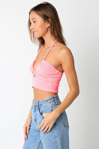Gemma Pink Slinky Halter Crop Top - Side View