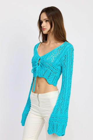 Turquoise Blue Crochet Front-Tie Crop Top Styled Over Bikini for Beach Vacation | Boho Pink