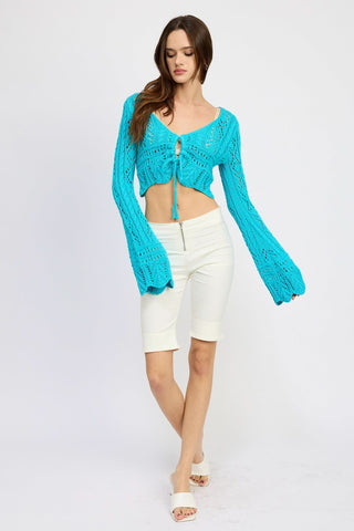 Turquoise Blue Crochet Crop Top with Long Bell Sleeves - Side View | Boho Pink