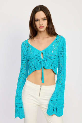 Lana Turquoise Blue Crochet Front-Tie Crop Top with Bell Sleeves - Front View | Boho Pink
