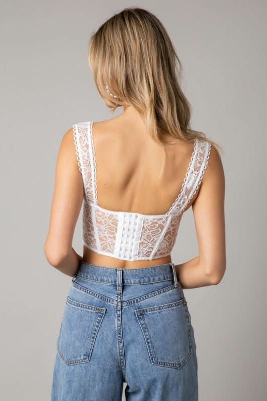 Eve White Lace Bustier Corset Crop Top a back view of lace crop tops