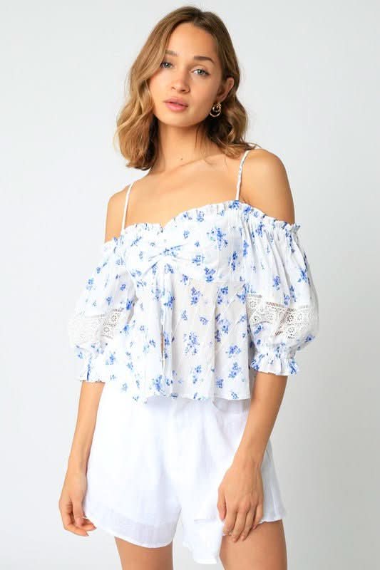White and Blue Floral. Babydoll Top